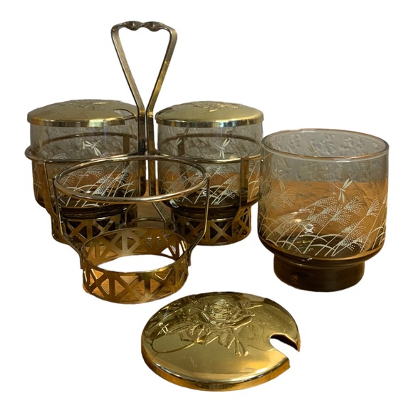 Libby Glass Condiment Set-Gold MCM Jam Jars W/Stand, Vintage Kitchen Servingware - Picture 2 of 4